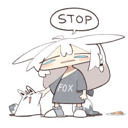  1girl :3 ahoge animal_ears aqua_eyes black_shirt chibi cocomayo29_(tomato) commentary_request english_text food fox_ears fox_girl fox_tail hair_between_eyes hololive korean_commentary long_hair looking_at_another miteiru_(shirakami_fubuki) open_mouth pentagram pizza pizza_slice shirakami_fubuki shirt simple_background speech_bubble tail virtual_youtuber white_hair 
