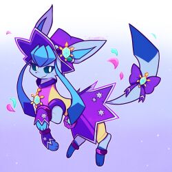  animal_focus artist_name blue_eyes blue_fur blue_gem bow bright_pupils closed_mouth clothed_pokemon dress full_body gem glaceon glaceon_(miracle) hat highres looking_at_viewer no_humans petals pink_petals pokemon pokemon_(creature) pokemon_focus purple_background purple_bow purple_dress purple_hat simple_background skyumbreon smile solo star_(symbol) two-tone_fur white_pupils witch_hat wrist_cuffs 