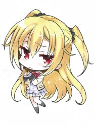  1girl absurdres arihara_nanami black_scrunchie blonde_hair blush_stickers bow bowtie cardigan cardigan_under_jacket chibi chibi_only closed_mouth commentary derivative_work eyes_visible_through_hair fidgeting flying_sweatdrops full_body furrowed_brow grey_skirt hair_between_eyes hair_ornament hair_scrunchie hands_up highres index_fingers_raised index_fingers_together jacket kikka_academy_school_uniform long_hair looking_at_viewer miniskirt open_clothes open_jacket pleated_skirt purple_cardigan red_bow red_bowtie red_eyes riddle_joker school_uniform scrunchie shy sidelocks simple_background skirt solo standing standing_on_one_leg traditional_media two_side_up user_yhuf8743 very_long_hair wavy_mouth white_background yellow_jacket 