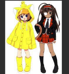  2000s_(style) 2girls ahoge bk_(barakoodra) blazer blue_eyes boots brown_eyes brown_hair eyepatch hood hood_up jacket long_hair multiple_girls original raincoat rubber_boots rubber_duck skirt two_side_up 