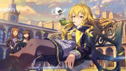  3girls ahoge akizuki_ritsuko bench black_jacket blonde_hair brown_pantyhose card_commentary commentary_request day game_asset green_eyes hair_ornament hairclip hoshii_miki idolmaster idolmaster_(classic) idolmaster_million_live! idolmaster_million_live!_theater_days jacket long_hair long_sleeves miniskirt multiple_girls necktie official_alternate_costume official_art on_bench open_clothes open_jacket outdoors pantyhose park_bench sitting skirt third-party_source yellow_necktie youth_wandering_(idolmaster) 