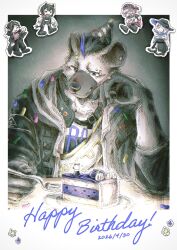  2boys 3girls arknights black_hair black_jacket cake cake_slice catapult_(arknights) chibi claws commentary confetti daisan dated ear_piercing english_text eyebrow_piercing face_piercing food fork furry furry_male grey_fur grey_shirt happy_birthday highres holding holding_fork hyena_boy hyena_ears jacket looking_at_food male_focus midnight_(arknights) multicolored_hair multiple_boys multiple_girls open_mouth orchid_(arknights) pawpads piercing popukar_(arknights) shirt smile spot_(arknights) streaked_hair untranslatable_commentary 