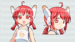  1girl adoptable ahoge apron bk_(barakoodra) blunt_ends blush_stickers highres looking_at_viewer low_twintails open_mouth original red_eyes red_hair robot_ears smile tareme twintails upper_body watermark 