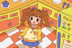  1girl :d cmejiya14 commentary_request hair_bobbles hair_intakes hair_ornament highres hood hoodie idolmaster idolmaster_(classic) kitchen orange_hair refrigerator sidelocks sketch skirt smile takatsuki_yayoi twintails 