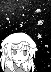  1girl blank_eyes collared_shirt commentary_request crescent_moon fumei_(mugendai) greyscale hat long_hair maribel_hearn mob_cap monochrome moon open_mouth portrait saturn_(planet) shirt solo space star_(sky) star_(symbol) touhou 