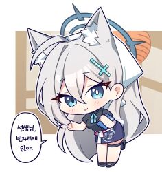  1girl animal_ear_fluff animal_ears black_shirt black_shoes blue_archive blue_eyes blue_halo blue_ribbon blue_skirt border bowing chibi chibi_only closed_mouth commentary_request cross cross_hair_ornament dark_halo extra_ears full_body grey_hair hair_ornament halo hand_up headscarf highres holding holding_menu inverted_cross korean_text lantern long_hair looking_at_viewer menu neck_ribbon official_alternate_costume outside_border paper_lantern partially_bordered pouch ribbon shiroko_terror_(blue_archive) shirt shoes skirt smile solo speech_bubble sucong thigh_pouch very_long_hair waitress white_headscarf wolf_ears wolf_girl 