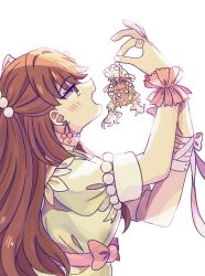  2girls aqua_dress arms_up bandaged_arm bandages bandaid bandaid_on_hand blonde_hair blue_hair blush brown_hair chibi choker commentary dress fang fujishima_megumi gradient_hair hair_bobbles hair_ornament hakuchu_a_la_mode highres holding holding_mini_person imminent_vore link!_like!_love_live! long_hair love_live! mini_person minigirl mira-cra_park! multicolored_hair multiple_girls o-ring o-ring_choker o_o official_alternate_costume open_mouth osawa_rurino parted_bangs pink_choker pink_dress profile puffy_short_sleeves puffy_sleeves sailor_collar sailor_dress short_sleeves simple_background twintails two_side_up upper_body violet_eyes virtual_youtuber watage_modoki white_background white_sailor_collar 