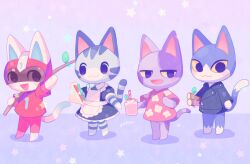  1girl 3boys animal_crossing apron bob_(animal_crossing) cat commentary_request drink food furry furry_female furry_male helmet holding holding_drink holding_food holding_sandwich kid_cat_(animal_crossing) lolly_(animal_crossing) maid maid_apron multiple_boys multiple_girls purple_background sandwich species_connection star_(sky) tabby_cat tom_(animal_crossing) zippo_(3756c) 