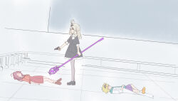  1boy 2girls ahoge black_bow black_dress black_hairband black_ribbon blonde_hair bow closed_mouth collared_shirt corpse cropped_jacket cross_tie death dress frilled_shirt frilled_sleeves frills grey_hair grey_pantyhose gun hairband handgun highres holding holding_gun holding_wand holding_weapon hood hoodie jacket jett_(precure) kamen_rider kamen_rider_zeztz_(series) kobayashi_mikuru layered_sleeves long_hair long_sleeves lying meitantei_precure! moria_luluka multiple_girls neck_ribbon on_back orange_hoodie orange_jacket orange_shirt pantyhose precure puffy_short_sleeves puffy_sleeves purple_shorts purple_skirt reiei_8 ribbon sailor_collar scene_reference school_uniform shirt shoes short_hair short_sleeves shorts skirt socks spoilers staff standing wand weapon white_shirt white_socks 
