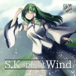  1girl album_cover album_name blue_skirt blurry breasts circle_name commentary_request cover day depth_of_field detached_sleeves frog_hair_ornament grass green_eyes green_hair hair_ornament hair_tubes highres kochiya_sanae large_breasts long_hair one_eye_closed outdoors s.k_sound second-party_source shiranui_(wasuresateraito) single_hair_tube skirt snake_hair_ornament solo touhou 