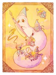  2boys 4girls age_difference agott_arklaum_(tongari_boushi_no_atelier) black_hair blonde_hair blue_hair brushbuddy cloak coco_(tongari_boushi_no_atelier) creature creature_focus flying highres long_hair marina_fraguas multiple_boys multiple_girls olruggio_(tongari_boushi_no_atelier) oversized_object pen pink_hair qifrey's_atelier_apprentice_uniform qifrey_(tongari_boushi_no_atelier) richeh_(tongari_boushi_no_atelier) short_hair tetia_(tongari_boushi_no_atelier) tongari_boushi_no_atelier white_hair wizard 