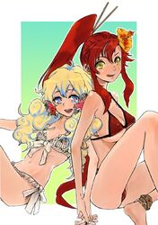  2girls :q bikini blonde_hair blue_eyes breasts cleavage hand_holding holding_hands kito_(coyo) kito_(pixiv5248) nia_teppelin red_hair redhead swimsuit tengen_toppa_gurren_lagann tongue yellow_eyes yoko_littner yoko_ritona 