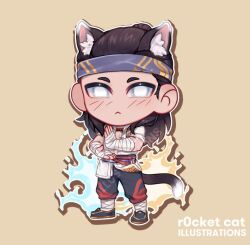 1boy animal_ears artist_name bandages black_hair black_pants black_slippers blue_fire blue_hairband brown_background cat_ears cat_tail chibi chinese_clothes facing_viewer fire full_body hairband liu_kang liu_kang_(fire_god) male_focus medium_hair mortal_kombat mortal_kombat_(series) mortal_kombat_1_(2023) namaste no_pupils open_clothes open_shirt pants r0cketcat red_pants shirt short_sleeves slippers solo standing tail third-party_source white_eyes white_shirt