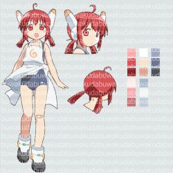  1girl adoptable ahoge apron bk_(barakoodra) blunt_ends blush_stickers full_body looking_at_viewer low_twintails one-piece_swimsuit open_mouth original red_eyes red_hair robot_ears smile swimsuit tareme twintails upper_body watermark 