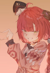  1girl absurdres animal animal_on_head black_choker blush braid braided_twintails chest_bow choker commentary finger_heart green_eyes hair_ornament hand_up highres inda1557 kamanosuke_(zenless_zone_zero) long_hair looking_at_viewer on_head open_mouth pink_background raccoon red_hair smile sphere_hair_ornament teeth twin_braids twintails ukinami_yuzuha upper_body zenless_zone_zero 