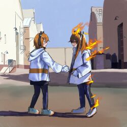  2girls a.i._voice adachi_rei album_cover_redraw alternate_hairstyle black_pantyhose blue_sky burning clone coat derivative_work highres hood hooded_coat long_hair medium_hair multiple_girls open_clothes open_coat orange_eyes orange_hair oru_(knktoru) outdoors pantyhose pink_floyd shoes sky utau white_coat white_shoes wish_you_were_here 