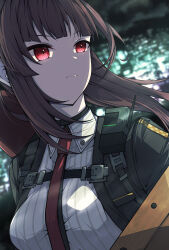  1girl absurdres black_jacket blurry blurry_background brown_hair close-up collared_shirt commentary_request expressionless girls'_frontline_2:_exilium girls_frontline highres jacket kakuzatou_(cubesugar03196) makiatto_(girls'_frontline_2) necktie night ponytail red_eyes red_necktie shirt solo striped_clothes striped_shirt vertical-striped_clothes vertical-striped_shirt violin_case wa2000_(girls'_frontline) walkie-talkie 