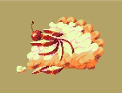  apple apple_slice cherry clarissa_(clarigaricus) commentary english_commentary food food_focus fruit green_background limited_palette no_humans original pie pie_slice pixel_art simple_background still_life sweets whipped_cream 