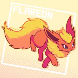  animal_focus artist_name blue_eyes bright_pupils character_name flareon fluffy full_body highres looking_at_viewer neck_fur no_humans orange_fur pokemon pokemon_(creature) pokemon_focus simple_background skyumbreon solo standing white_pupils yellow_background yellow_fur 