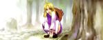  bad_id hair_ribbon hat hat_removed headwear_removed loafers moriya_suwako nature open_mouth ribbon shoes squatting thighhighs touhou tree yukizen 
