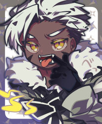  1boy absurdres asymmetrical_bangs black_bow black_bowtie black_gloves black_hair border bow bowtie brown_border colored_eyelashes commentary_request cookie_run cookie_run:_kingdom crunchy_chip_cookie dark-skinned_male dark_skin fangs finger_in_own_mouth forehead fur-trimmed_jacket fur_trim gloves grey_jacket hair_behind_ear hand_up highres humanization index_finger_raised inverted_eyelashes jacket jitome long_sleeves looking_at_viewer male_focus multicolored_hair omoyu_(nakyu715) open_mouth outside_border rounded_collar short_hair simple_background solo teeth thick_eyebrows tongue tongue_out triangle tsurime two-tone_hair upper_body v-shaped_eyebrows very_dark_skin very_short_hair white_background white_hair yellow_eyes 