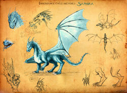  1boy 1other armor belt bracer breath_weapon breathing_fire claws closed_eyes dated dragon dragon_horns dragon_tail dragon_wings eastern_dragon english_text eragon eragon_(character) fangs fire flying hand_on_own_chest highres horns multiple_persona multiple_views one_eye_closed pauldrons pointy_ears saphira_(eragon) scales short_hair shoulder_armor signature slit_pupils speech_bubble spikes sword tail ticcy tongue tunic weapon wings 