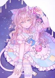  1girl :3 absurdres animal_ears apron arm_up blue_dress blue_eyes brown_hair closed_mouth commentary commission constellation cowboy_shot crossed_bangs dress english_commentary frilled_apron frilled_dress frills hair_between_eyes hair_intakes hair_ornament highres liang_jiou long_hair looking_at_viewer original sitting solo star_(sky) watermark white_apron 