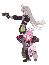 2girls alternate_hair_length_(longer) black_gloves blunt_bangs boots close_game/offline_(project_sekai) closed_eyes closed_mouth commentary_request covering_own_ears facing_viewer fingerless_gloves full_body gloves gun halo hands_up high_heels highres holding holding_gun holding_weapon korean_commentary kusanagi_nene leg_warmers long_hair long_sleeves mechanical_halo multiple_girls official_alternate_costume official_alternate_hairstyle ootori_emu pink_hair project_sekai sidelocks standing weapon yonan0419 yuri 