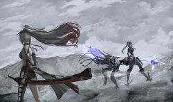  2girls absurdres alpha:_crimson_weave_(pgr) alpha_(pgr) asymmetrical_pants backless_jacket battle black_sports_bra breasts centaur closed_mouth clouds cloudy_sky commentary cyborg english_commentary floating_hair forehead_protector full_body grey_hair grey_jacket hair_between_eyes hair_ornament headgear high-heeled_mechanical_legs highres holding holding_polearm holding_weapon jacket joints large_breasts long_hair looking_at_another mecha_musume mechabare mechanical_arms mechanical_hands mechanical_legs mechanical_tail medium_breasts midriff multicolored_hair multiple_girls multiple_legs outdoors polearm ponytail punishing:_gray_raven red_hair robot_joints rosetta:_arete_(pgr) rosetta_(pgr) saif_artz sidelocks single_mechanical_arm sky snowing sports_bra standing sword tail taur very_long_hair violet_eyes walking weapon wide_ponytail 