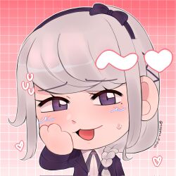  1girl blush braid chibi chibi_only grey_hair grid_background hair_ornament hairclip hand_on_own_face headband heart highres kirifuji_nozomi mole mole_under_eye multiple_hair_clips necktie nozoanal open_mouth sweat sweatdrop the_hundred_line_-last_defense_academy- violet_eyes white_hair 