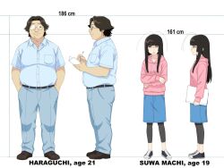  1boy 1girl antenna_hair black_leggings blue_shirt blue_skirt blunt_bangs breast_pocket brown_hair brown_shoes denim denim_skirt from_side full_body genshiken haraguchi height_chart height_difference highres hood hoodie jimiko kano_kino leggings leggings_under_skirt long_hair long_sidelocks multiple_views notepad original otaple pencil pink_hoodie pocket reference_sheet round_eyewear shirt shoes short_hair short_sleeves sidelocks skirt slip-on_shoes suwa_machi_(kano_kino) 