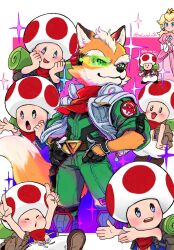  1girl 6+boys :d :o animal_ears arms_up backpack bag belt belt_buckle black_gloves blonde_hair blue_eyes blue_vest border brown_bag brown_belt brown_shoes buckle closed_mouth commentary_request crown dress english_text fox_boy fox_ears fox_mccloud fox_tail furry furry_male gloves gown green_eyes green_jumpsuit hand_on_belt hands_on_own_cheeks hands_on_own_face highres holding holding_umbrella index_fingers_raised insignia jacket jumpsuit knee_pads leg_belt long_hair looking_to_the_side multiple_boys open_clothes open_hands open_jacket open_mouth orange_fur outstretched_arms pants parasol pink_background pink_dress princess_peach red_scarf rokuroku72 scarf scouter shoes sleeves_rolled_up smile snout solid_oval_eyes sparkle sparkling_aura star_(symbol) star_fox star_in_eye super_mario_bros. symbol_in_eye tail the_super_mario_galaxy_movie thick_eyebrows toad_(mario) twitter_username umbrella vest white_border white_jacket white_pants zipper 