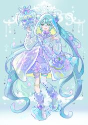  1girl absurdly_long_hair absurdres aqua_background aqua_hair bag bag_charm beamed_sixteenth_notes blue_bag blue_bow blue_bowtie blush boots bow bowtie charm_(object) colored_petticoat commentary_request double_bun dress eighth_note flower flower_underskirt full_body green_eyes hair_bun hatsune_miku highres holding holding_umbrella hood hood_down hydrangea long_hair long_sleeves looking_at_viewer musical_note okashi_nako open_mouth petticoat purple_dougi purple_hair raincoat rainwear_hatsune_miku_design_contest rubber_boots see-through_clothes see-through_footwear see-through_raincoat see-through_skirt_layer shoulder_bag single_thighhigh sleeveless sleeveless_dress smile solo splashing standing teruterubouzu thigh-highs thigh_strap treble_clef twintails umbrella very_long_hair vocaloid water water_drop white_thighhighs 