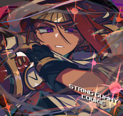  1boy angry black_gloves black_shirt brown_headband cape character_name clenched_teeth commentary_request cookie_run cookie_run:_ovenbreak dark-skinned_male dark_skin dot_nose dreadlocks elbow_gloves from_below gloves grey_cape hair_behind_ear hair_between_eyes headband high_ponytail highres holding humanization inverted_eyelashes long_hair looking_at_viewer male_focus omoyu_(nakyu715) partially_shaded_face ponytail purple_background red_hair shirt simple_background sleeveless sleeveless_shirt solo sparkle straight-on string_gummy_cookie teeth thick_eyebrows tsurime upper_body v-shaped_eyebrows 