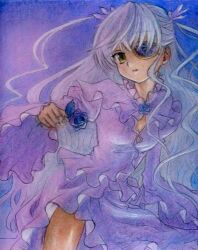  1girl ama-tou barasuishou blue_flower blue_rose breasts commentary_request dress flower flower_eyepatch grey_hair holding holding_flower light_smile long_hair looking_at_viewer pantyhose purple_dress rose rozen_maiden small_breasts solo traditional_media very_long_hair yellow_eyes 