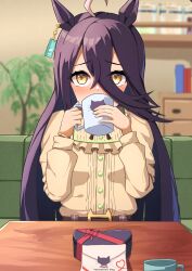  1girl ahoge animal_ears black_hair black_ribbon blush box casual commentary_request cup drinking ear_tag earrings frilled_shirt frills hair_between_eyes heart-shaped_box highres holding holding_cup horse_ears horse_girl jewelry letter long_bangs long_hair long_hair_between_eyes long_sleeves looking_at_viewer manhattan_cafe_(casual)_(umamusume) manhattan_cafe_(umamusume) multicolored_hair neck_ribbon ribbon shirt single_earring sitting snowpict solo umamusume white_hair yellow_eyes yellow_shirt 