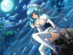  blue_hair breasts cleavage hat red_eyes sitting thigh-highs 