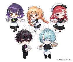  2boys 3girls :d apron beret black_bow black_hair black_pants black_shoes black_skirt blue_hair blush bow braid brown_eyes brown_hair closed_mouth collared_shirt commentary_request cup cupcake eyebrows_hidden_by_hair food fork_hair_ornament gradient_hair hair_between_eyes hair_ornament hat holding holding_saucer hugging_object kirara_tamako long_hair low_twintails multicolored_hair multiple_boys multiple_girls nagisa_trout nanase_suzuna nijisanji official_art pants parted_bangs pastry_bag purple_hair red_hair sakayori_soma sample_watermark saotome_berry saucer shirt shoes simple_background skirt small_sweatdrop smile speciale_(nijisanji) sweat thick_eyebrows tray twin_braids twintails very_long_hair violet_eyes virtual_youtuber waist_apron watermark white_apron white_background white_hair white_hat x_hair_ornament yamabukiiro 