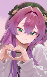  1girl absurdres blush closed_mouth commentary_request english_commentary finger_heart green_eyes hair_between_eyes hands_up head_tilt highres jeongdang_geolae korean_commentary long_hair long_sleeves looking_at_viewer mixed-language_commentary original purple_background purple_hair simple_background solo sweater upper_body white_sweater 