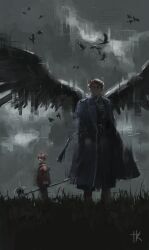  2boys absurdres axe black_wings blue_coat brown_hair closed_mouth coat feathered_wings genau_(sousou_no_frieren) highres holding holding_axe holding_weapon multiple_boys re_gulus red_coat red_eyes red_hair sousou_no_frieren stark_(sousou_no_frieren) weapon wings 