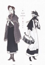  2girls apron ascot belt black_capelet blood blood_drop bloodborne bonnet boots braid brooch brown_cloak buckle capelet cfdce4 cloak commentary cupping_hands doll_joints dress elbow_gloves english_text fingerless_gloves full_body gloves hand_up hat high_heel_boots high_heels highres holding holding_weapon hunter_(bloodborne) jewelry joints long_sidelocks long_sleeves mask mouth_mask multiple_girls own_hands_together parted_bangs plain_doll red_ascot red_bonnet round_eyewear saw saw_cleaver sidelocks standing tricorne weapon white_background white_dress white_hair white_sleeves 