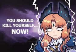  1girl arknights blank_eyes braid brown_hair closed_mouth commentary electricity english_commentary english_text facial_mark forehead_mark head_wings long_hair meme passenger_(arknights) sharktuna shirt solo upper_body white_shirt wings you_should_kill_yourself_now_(meme) 