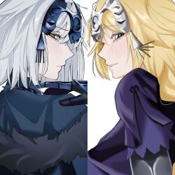  2girls armor black_armor black_cape black_dress black_gloves blonde_hair blue_eyes blush braid cape chain closed_mouth commentary_request dress dual_persona eyelashes fate/grand_order fate_(series) from_behind fur-trimmed_cape fur_trim gloves hair_between_eyes half-closed_eyes hand_on_own_shoulder hand_up headpiece highres jeanne_d'arc_(fate) jeanne_d'arc_(ruler)_(fate) jeanne_d'arc_alter_(avenger)_(fate) jeanne_d'arc_alter_(avenger)_(first_ascension)_(fate) jeanne_d'arc_alter_(fate) long_hair looking_at_viewer looking_back low-braided_long_hair low-tied_long_hair minamine_7 multiple_girls purple_dress short_hair simple_background single_braid smile teeth upper_body white_armor white_background white_hair yellow_eyes 