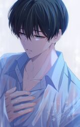  1boy absurdres black_hair blue_eyes collarbone collared_shirt commentary dated dress_shirt hair_between_eyes half-closed_eyes hand_on_own_chest highres long_sleeves male_focus may_(illust_man_2020) parted_lips partially_unbuttoned portrait sakaguchi_ouri see-through_clothes shirt short_hair signature simple_background solo tamon-kun_ima_docchi wet wet_clothes wet_hair wet_shirt white_background white_shirt 