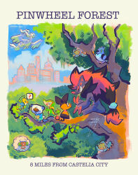  bird caterpillar city flying forest from_behind grass highres in_tree lake nature oshawott pidove pigeon pokemon pokemon_black_and_white reesieroo-spark reshiram sewaddle sitting sitting_in_tree skyline snivy starter_pokemon_trio tepig tree whimsicott 