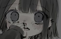  1girl black_eyes black_hair black_nails blood blunt_bangs close-up commentary crying crying_with_eyes_open ear_piercing fingernails grey_background hand_on_own_face looking_at_viewer medium_hair nail_polish nosebleed oniyamakei open_mouth original piercing simple_background sleeves_past_wrists solo tears 