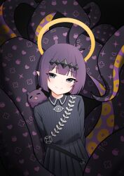  1girl absurdres bakedmonogamy black_hairband black_shirt black_skirt blue_eyes closed_mouth colored_inner_hair diamond_hairband hairband halo highres hololive hololive_english multicolored_hair ninomae_ina'nis ninomae_ina'nis_(drawn_to_dawn) official_alternate_costume official_alternate_hairstyle pink_hair pleated_skirt pointy_ears purple_hair shirt short_hair skirt smile striped_clothes striped_shirt takodachi_(ninomae_ina'nis) tentacle_hair tentacles virtual_youtuber yellow_halo 