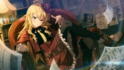  1girl ahoge armchair black_pantyhose blonde_hair blurry blurry_foreground boots brown_boots brown_dress card_commentary chair closed_mouth commentary_request crossed_legs dress game_asset green_eyes hat hoshii_miki idolmaster idolmaster_(classic) idolmaster_million_live! idolmaster_million_live!_theater_days indoors long_hair long_sleeves looking_at_viewer mini_hat necktie official_art on_chair pantyhose photo_(object) sitting smug solo third-party_source yellow_necktie 