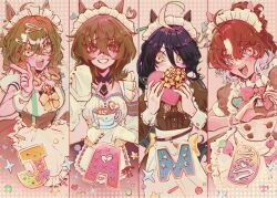  4girls agnes_tachyon_(umamusume) ahoge alternate_costume apron black_dress blush box brown_hair coffee commentary cup dantsu_flame_(umamusume) dress english_commentary grin hair_between_eyes heart heart-shaped_box heart-shaped_pupils heart_hands highres holding holding_box holding_cup horse_girl jungle_pocket_(umamusume) kazuriae long_hair maid maid_apron maid_headdress manhattan_cafe_(umamusume) multiple_girls open_mouth red_eyes red_hair short_hair short_sleeves sleeves_past_fingers sleeves_past_wrists smile symbol-shaped_pupils umamusume wrist_cuffs yellow_eyes 
