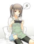  brown_eyes brown_hair dasoku_sentarou girls_playing_games monster_hunter original pig playing_games playstation_portable poogie psp shorts sitting spoken_squiggle squiggle twintails video_game 